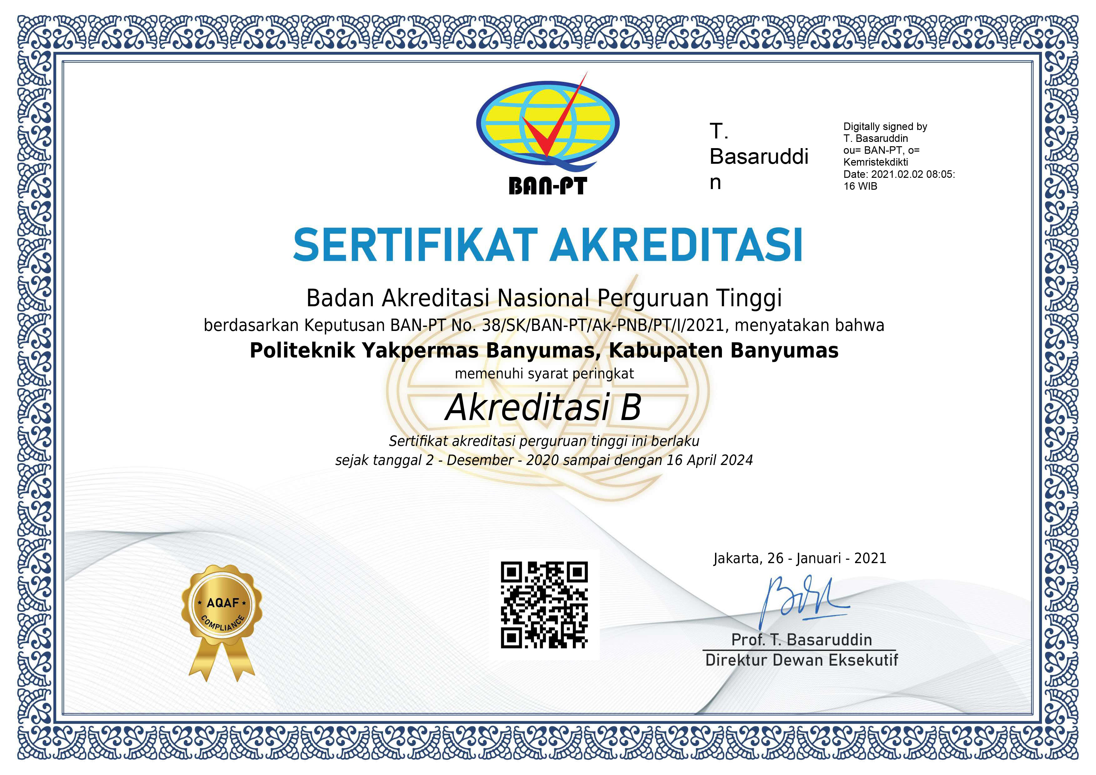 SERTIFIKAT AIPT 2020 - Sertifikat Akreditasi Politeknik Yakpermas banyumas Ban PT Thn Lulusan 2020 - 2024 .jpg